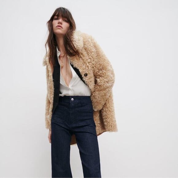 Zara Faux Fur Long Teddy Sherpa Jacket Coat Natural Beige Size Small 8490/241 - Picture 7 of 16